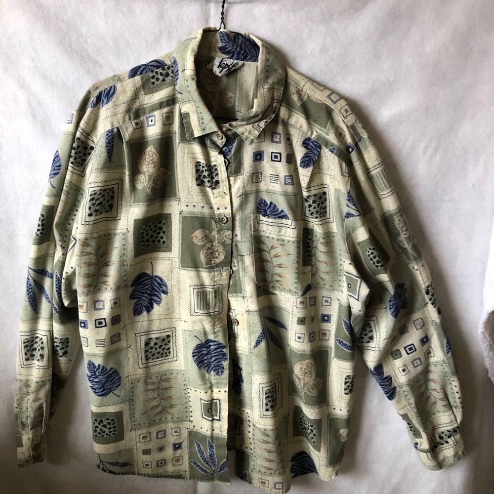 Vtg 80’s Tap & Co Patterned Button Down Shirt short sleeve retro top women’s xl